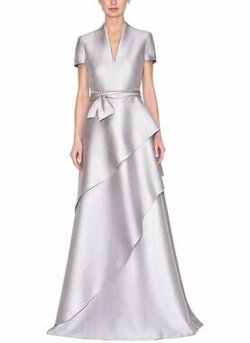 NEW REEM ACRA short sleeve split neck caftan gown in grey